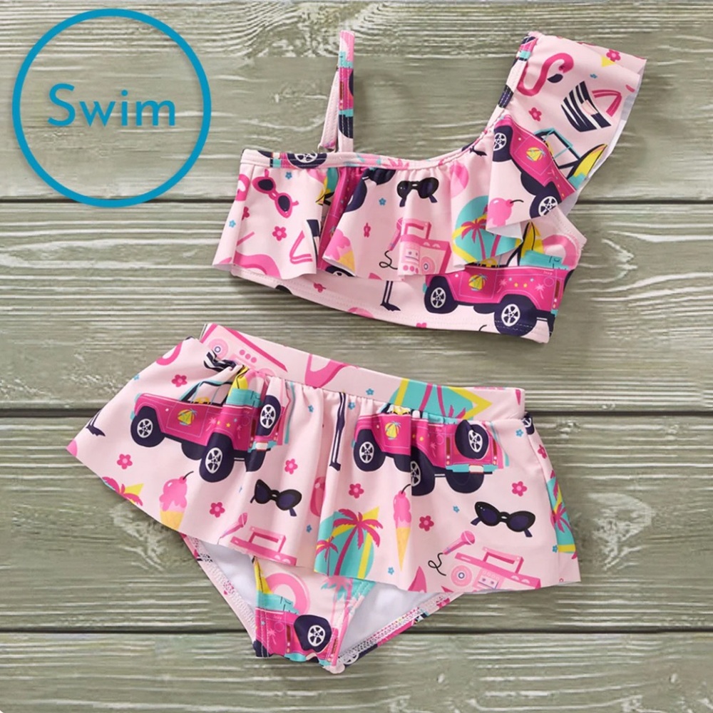 Kids Swimwear Set - Pink Flamingo and Jeep Design